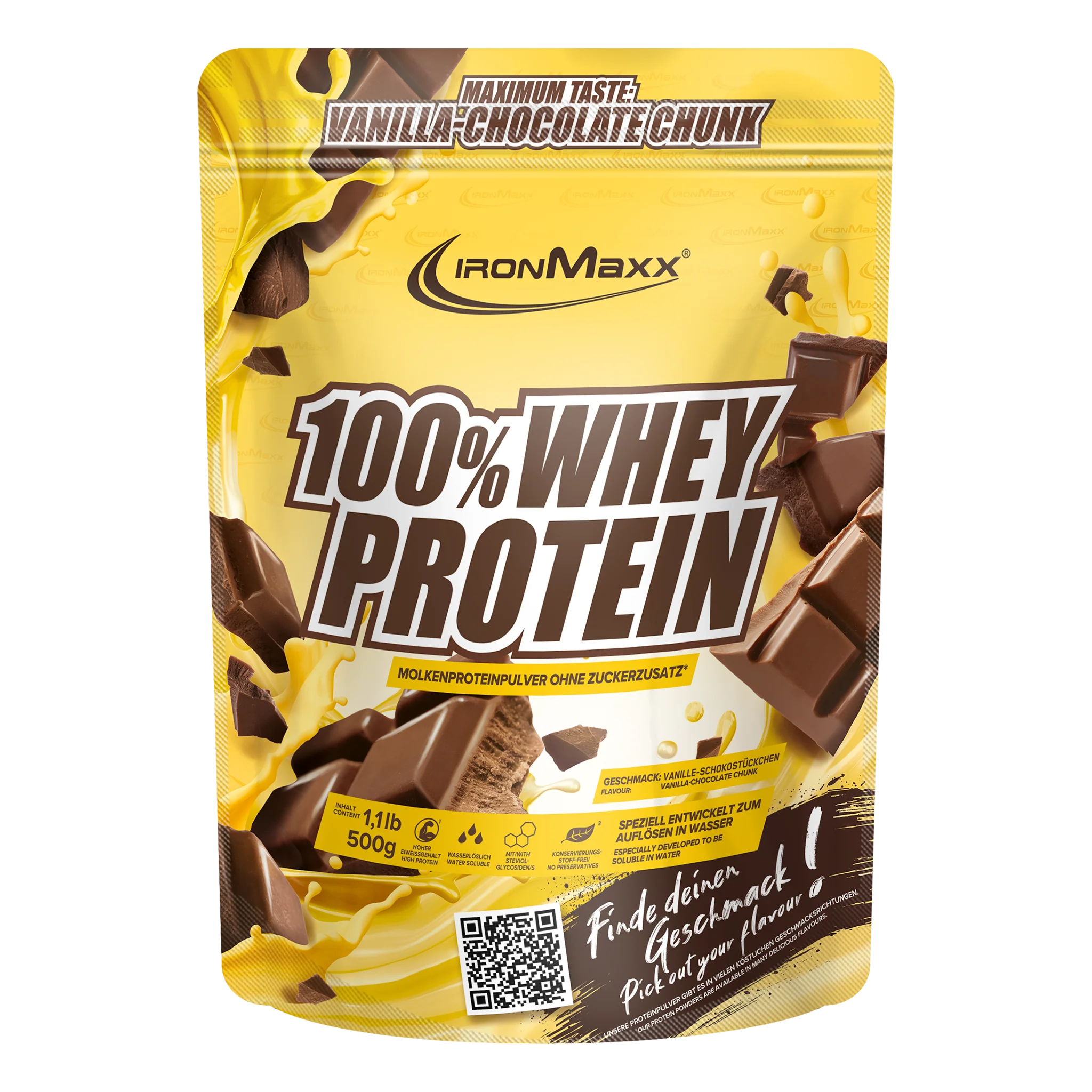 IronMaxx 100% Whey Protein (Vanilla Choco Chunk) 500 g. (Galioja iki: 2025.09.30)